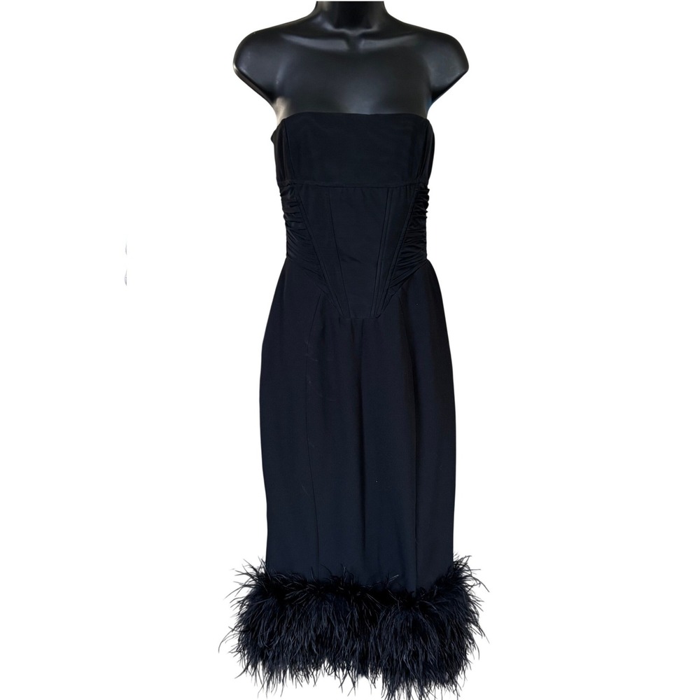 NWT‎ House of CB Fionula Strapless Feather Hem Midi Dress Size M Black
